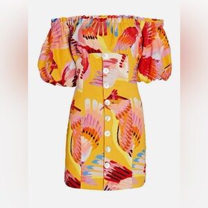 Farm Rio Neon Macaws Off the Shoulder Mini Dress